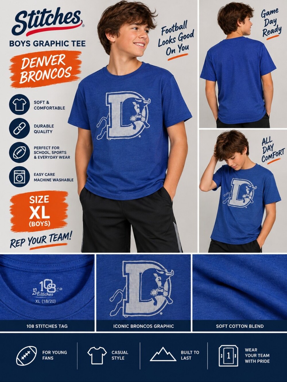 108 stitches boys XL Denver Broncos blue shirt #06